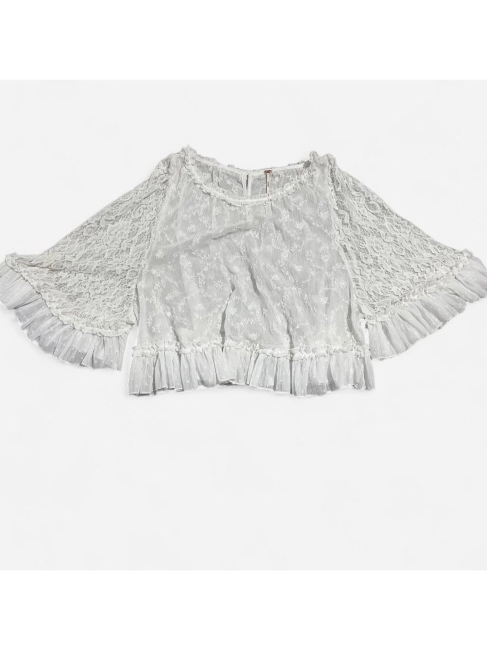Free People Boho Chic semi sheer white lace blouse with ruffle trim